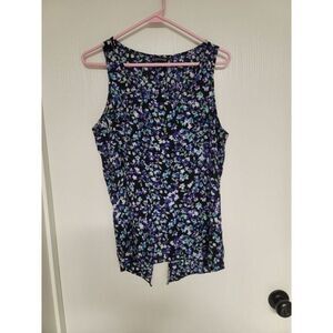 ~ womens thin black, blue, and purple floral express shirt - size medium